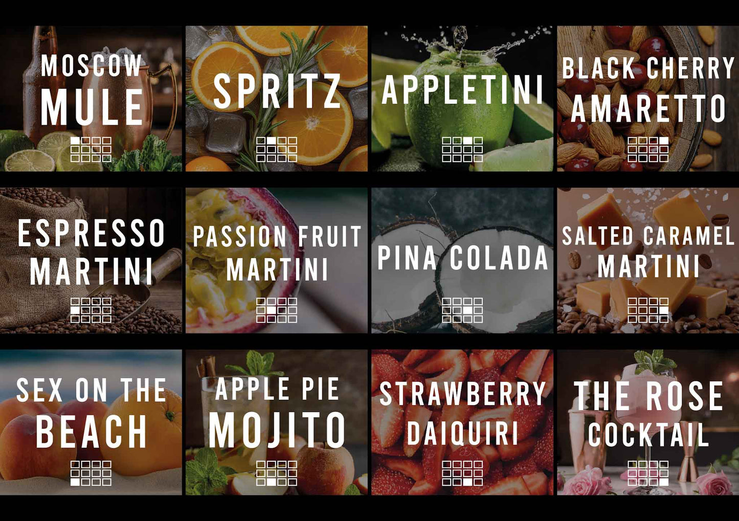 Cocktail waxmelts proefpakket met 12 geuren. Sojawas waxmelts geïnspireerd op bekende cocktails zoals Mojito, Pornstar Martini en Amaretto Sour.